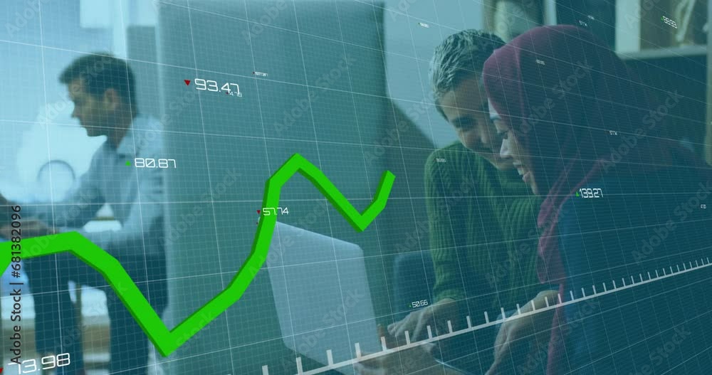 Poster animation of graphs and changing numbers over diverse coworkers discussing reports on laptop