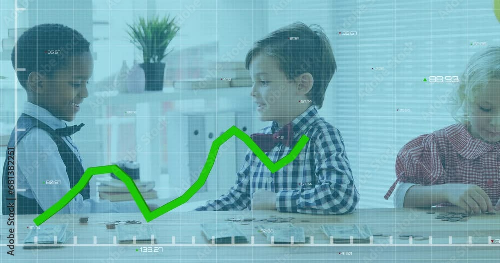 Aufkleber animation of graphs with changing numbers over diverse schoolboys shaking hands in classroom