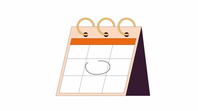 Encircling calendar date on flip calender line 2D object animation. Productivity routine, appointment flat color cartoon 4K video, alpha channel. Personal organizer animated item on white background