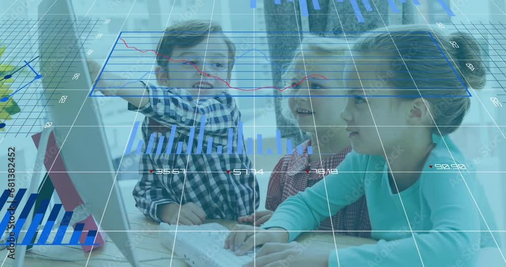 Poster animation of graphs, changing numbers and loading circles over caucasian children using computer