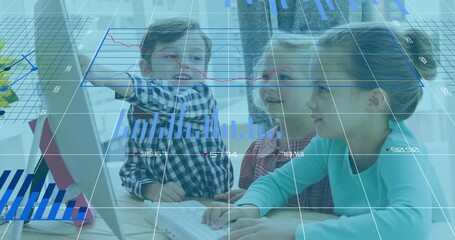 Animation of graphs, changing numbers and loading circles over caucasian children using computer - Powered by Adobe