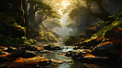 forest scene with sunlight filtering through the lush canopy.