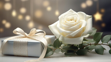 Beautiful white rose with gift box on a light background, closeup.