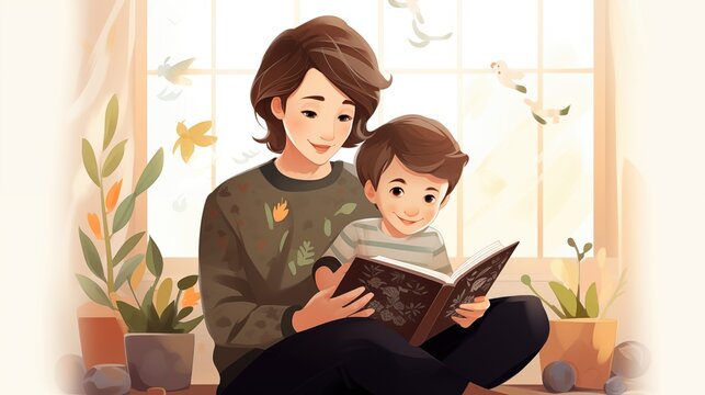 Mom spends her free time with her son, teaches him to read a book. Happy Mothers Day concept with mom and boy. Cartoon style illustration.
