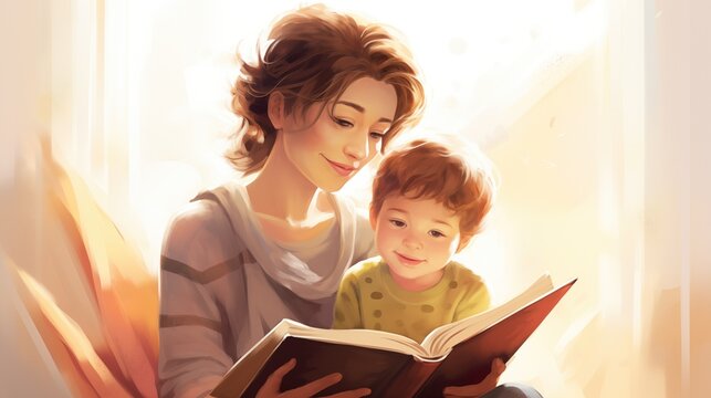 Mom spends her free time with her son, teaches him to read a book. Happy Mothers Day concept with mom and boy. Cartoon style illustration.