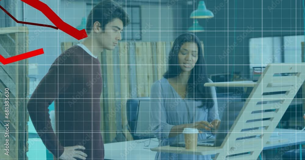 Poster animation of falling graphs and grid pattern over diverse coworkers discussing reports on laptop
