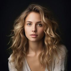 portrait of a beautiful young woman with long wavy hair , model appearance , on a dark background