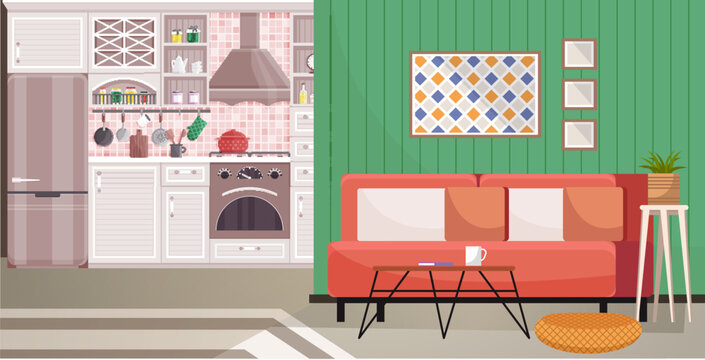 Kitchen vector illustration. Decorative elements in kitchen enhance aesthetics cooking space Culinary experiences come alive in kitchens where decor complements practicality Furniture choices