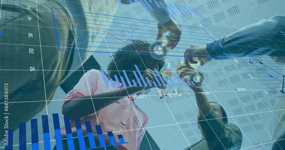 Poster animation of changing numbers, loading circles, low angle view of coworkers toasting with wine