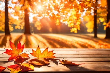 Naklejka na ściany i meble Empty wooden table with fall leaves, glowing sun and blurry seasonal colors. Autumn copy space background.Empty wooden table with fall leaves, glowing sun and blurry seasonal colors. Autumn copy space