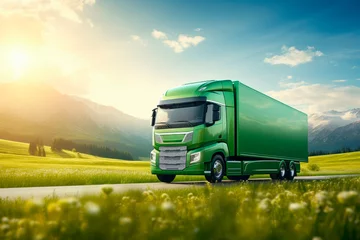 Poster Eco friendly transportation concept. Futuristic electric green truck on rural road with a summer landscape. © graja