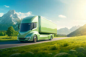 Futuristic electric green truck on rural road with a summer landscape.