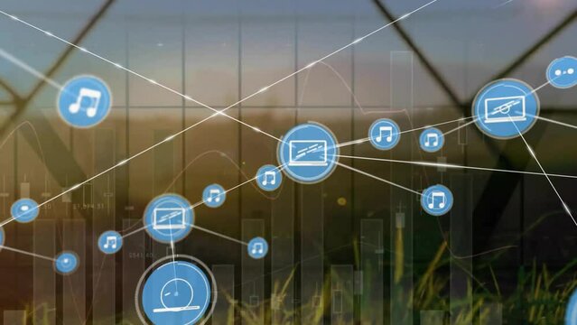 Animation of network of connections with icons and data processing over electric pylons