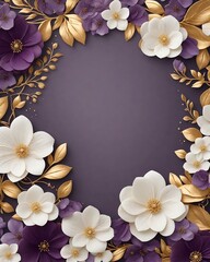 Elegant decorative small flowers golden white and purple invitation blank card  frame design. Ai image generative.