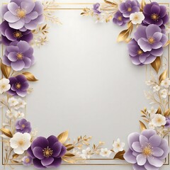 Elegant decorative small flowers golden white and purple invitation blank card  frame design. Ai image generative.