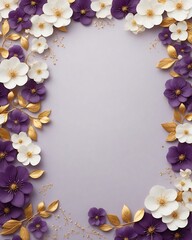 Elegant decorative small flowers golden white and purple invitation blank card  frame design. Ai image generative.