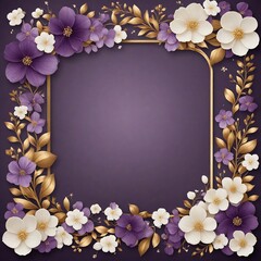 Elegant decorative small flowers golden white and purple invitation blank card  frame design. Ai image generative.