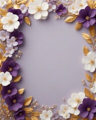 Elegant decorative small flowers golden white and purple invitation blank card  frame design. Ai image generative.