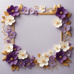 Elegant decorative small flowers golden white and purple invitation blank card  frame design. Ai image generative.