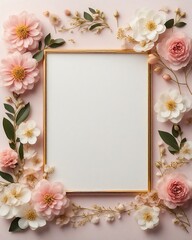 Elegant decorative small flowers golden white and pink invitation blank card  frame design. Ai image generative.
