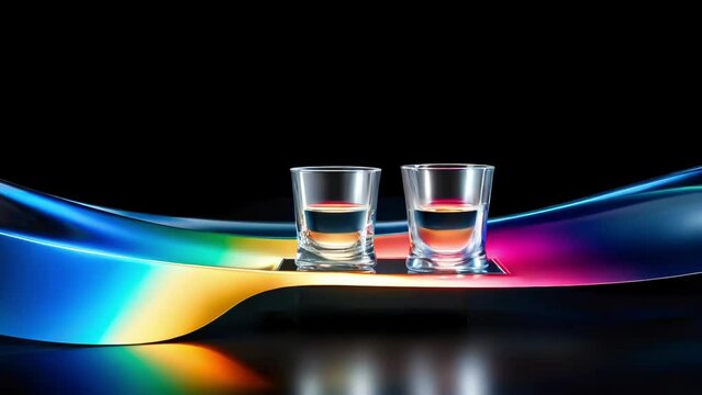 Elegant shot glasses with alcohol drink, illuminated by a futuristic dynamic, colorful neon light ribbon, perfect for contemporary drink branding or nightlife promotions
