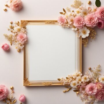Elegant decorative small flowers golden white and pink invitation blank card  frame design. Ai image generative.