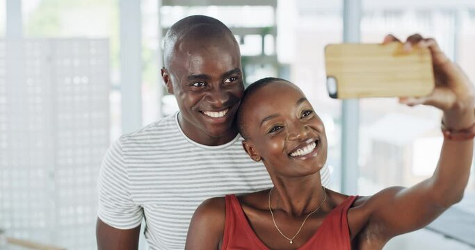 Love, selfie and happy couple in a house with memory, moment or photography while bonding. Smartphone, app and black people in a living room for social media, profile picture or blog, update or post