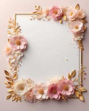 Elegant decorative small flowers golden white and pink invitation blank card  frame design. Ai image generative.