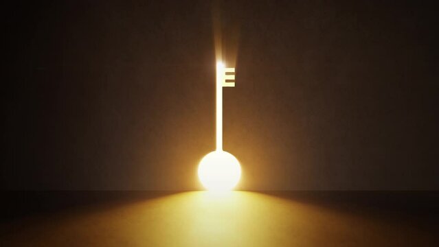 3D rendering concrete wall in a dark room with a keyhole light door. Creative surreal door concept. Light glow key as a doorway or exit from the dark to the light side. Conceptual Business Video.