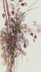 Small autumn flowers in white and grey watercolor background