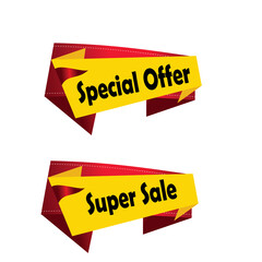 Super sale and Special Offer red and yellow tags, ribbon banner