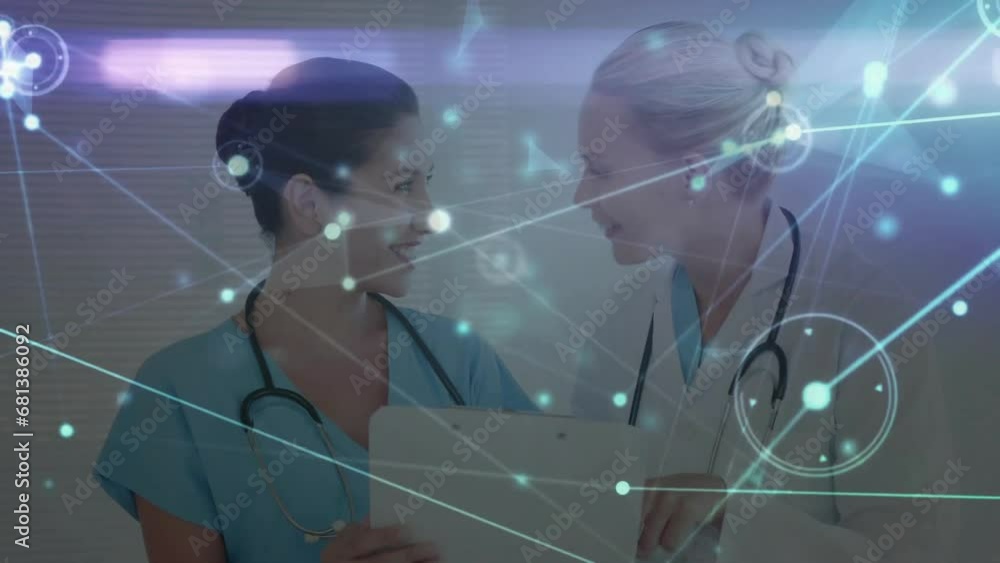 Wall mural Animation of network of connections with icons over diverse doctors