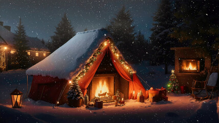 Winter night in christmas and new year Background . Snow falling and fireplace in the tent outdoor .