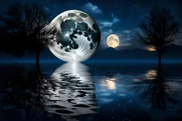 Wall murals Full moon and trees Captivating full moon illuminating clouds and stars in night sky, sky with moon and clouds  