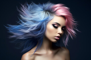 woman portrait with pink and blue hair, AI generated