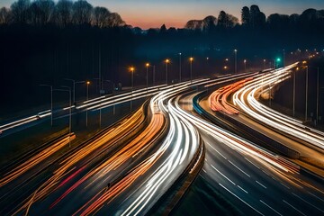 Fototapeta na wymiar High speed urban traffic on a city highway during evening rush hour, car headlights and busy night transport captured by motion blur lighting effect and abstract long exposure photography 