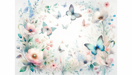 Watercolor painting of flowers, leaves and butterfly, on white background