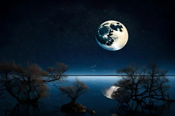 Fotobehang Volle maan en bomen Captivating full moon illuminating clouds and stars in night sky, sky with moon and clouds  