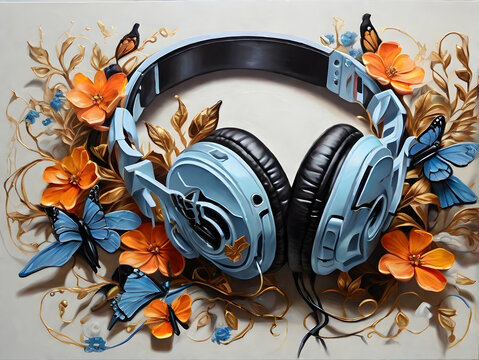 A headphone with flowers, butterflies on white background. listen to positive quote and music concept.	