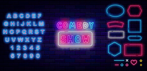Comedy show neon label. Geometric frames collection. Stand up performance advertising. Vector stock illustration