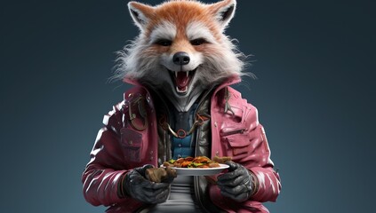 An anthropomorphic fox in a pink jacket excitedly holding a plate of food on a dark background.