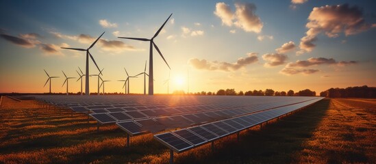 wind turbine and solar panel power plant in the background at sunset - obrazy, fototapety, plakaty