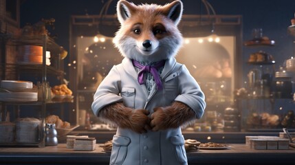 An anthropomorphic fox in a baker's uniform smiles, standing in a bakery with pastries in the background.