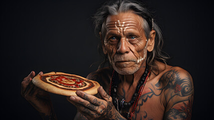 Portrait of old african man with tattoos on the body and face Eating pizza, Italian food, he eats pizza happily.