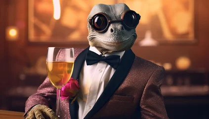 Foto op Plexiglas An anthropomorphic lizard in a tuxedo with a glass of wine at the bar, exquisitely dressed © volga
