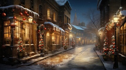 Naklejka premium winter night city, narrow street, Christmas