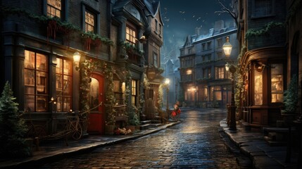 winter night city, narrow street,  Christmas