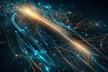 Abstract tech background with illuminated fiber optic connections, quantum computing network system and electronic global intelligence - obrazy, fototapety, plakaty