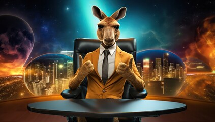 An anthropomorphic kangaroo host in a cosmic landscape with planets and a city skyline gives a thumbs up. - obrazy, fototapety, plakaty