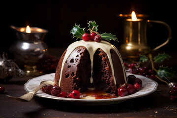 Fototapeta na wymiar Traditional British Christmas pudding (plum pudding). We Wish You a Merry Christmas